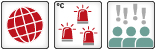 Drei Icons: 1. Globales Kern Kippelement: Globus-Icon, alle Planquadrate eingefärbt; 2. Schwellenwert: Drei rote Warnleuchten; 3. Hohe wissenschaftliche Sicherheit: Icon mit drei menschlichen Figuren und vier Ausrufezeichen