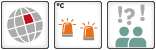 Drei Icons: 1. Regionales Kippelement: Globus-Icon mit einem eingefärbten Planquadrat; 2. Schwellenwert: Zwei orangene Warnleuchten; 3. Mittlere wissenschaftliche Sicherheit: Icon mit zwei menschlichen Figuren und zwei Ausrufezeichen, einem Fragezeichen