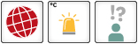 Drei Icons: 1. Globales Kern Kippelement: Globus-Icon, alle Planquadrate eingefärbt; 2. Schwellenwert: eine gelbe Warnleuchte; 3. Geringe wissenschaftliche Sicherheit: Icon mit einer menschlichen Figure und einem Ausrufezeichen, einem Fragezeichen