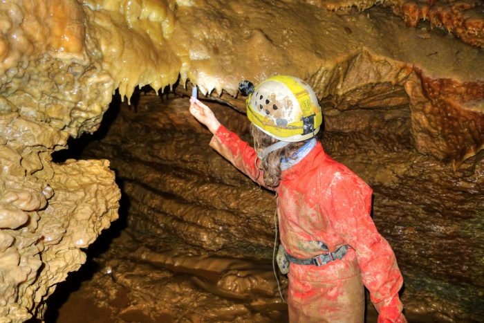 Collecting water samples in the Bleßberg cave, Thuringia, during fieldwork Collecting water samples in the Bleßberg cave, Thuringia, during fieldwork